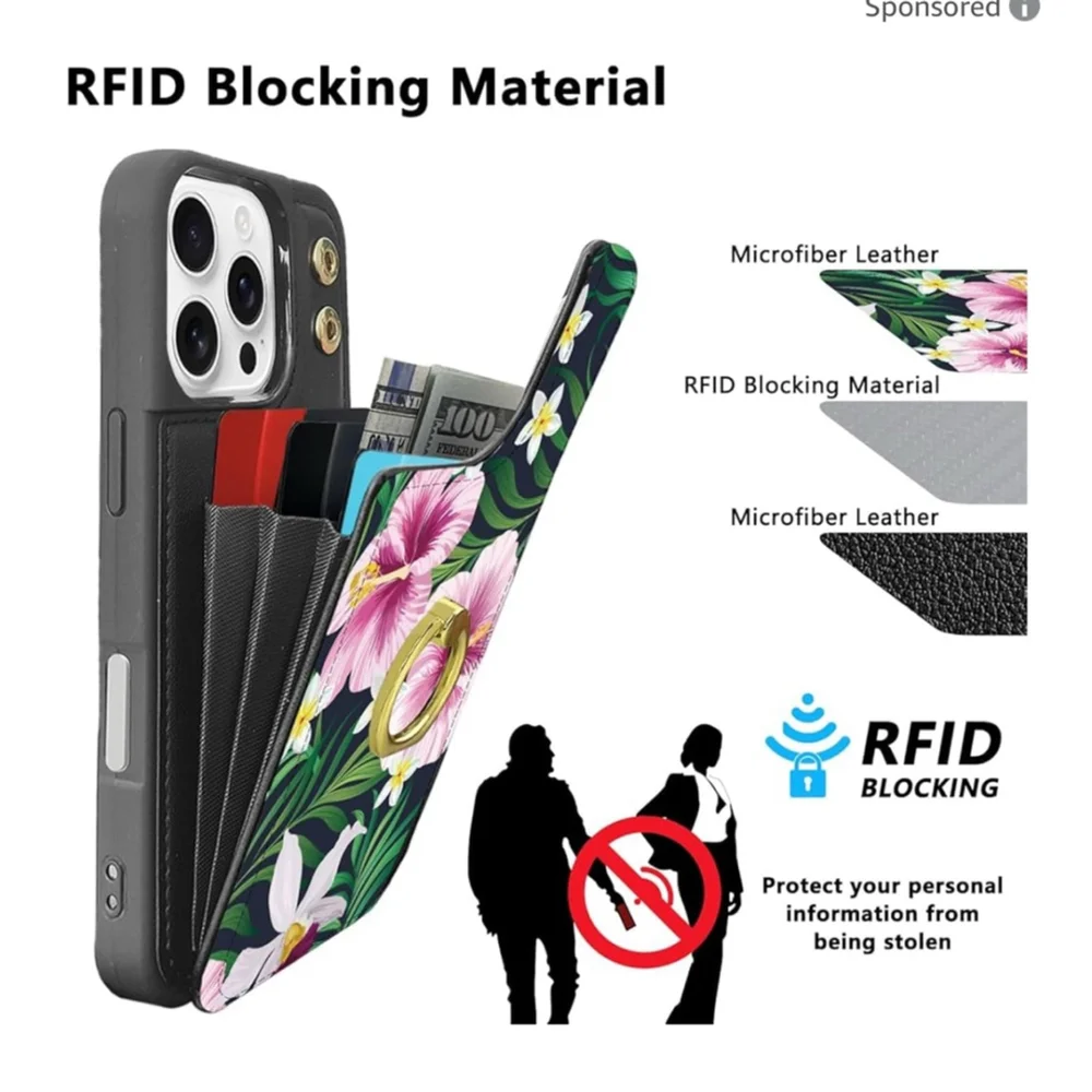 TopPerfekt iPhone 16 Pro Case Wallet Floral Green RFID rotating ring kickstand